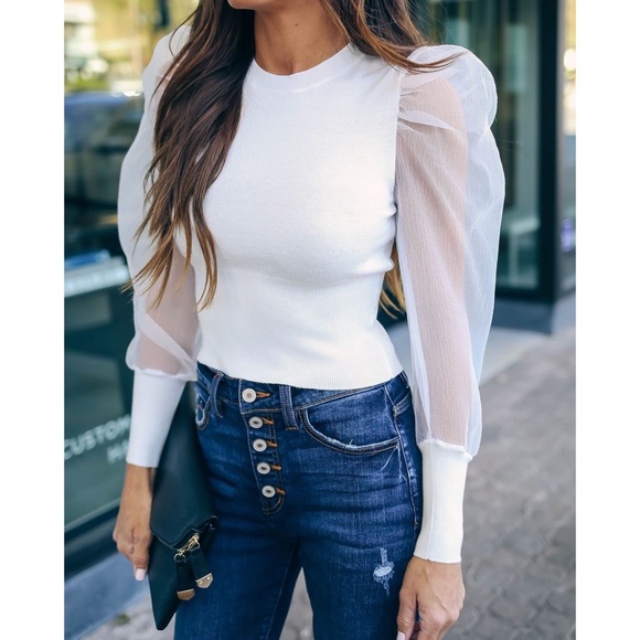 vestique Tops - Vestique Puff Sleeve Peplum Top White Sz Small